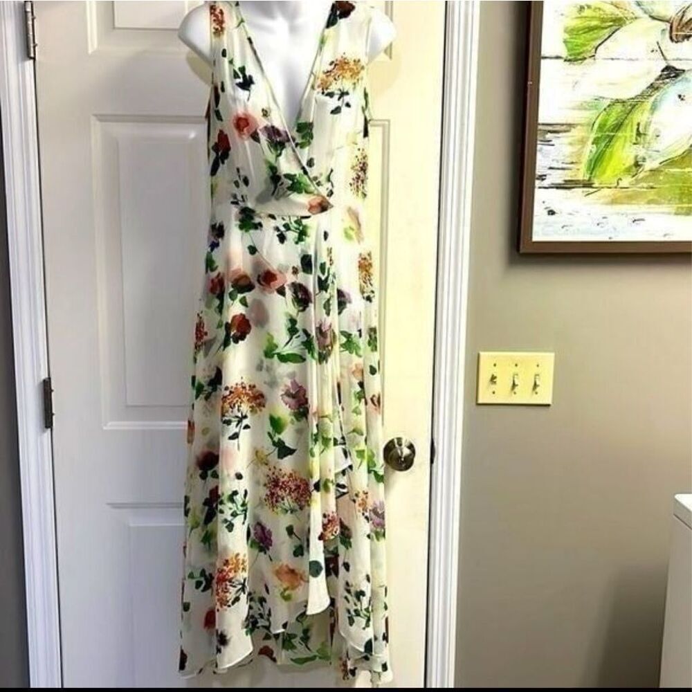 Calvin Klein Summer Floral V-Neck Sleeveless Sheer Midi Dress- Size 6